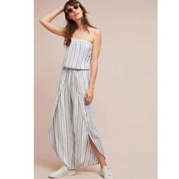 Anthropologie Drew Emerson Multicolor Striped Strapless Open Leg Linen Jumpsuit - Picture 1 of 9